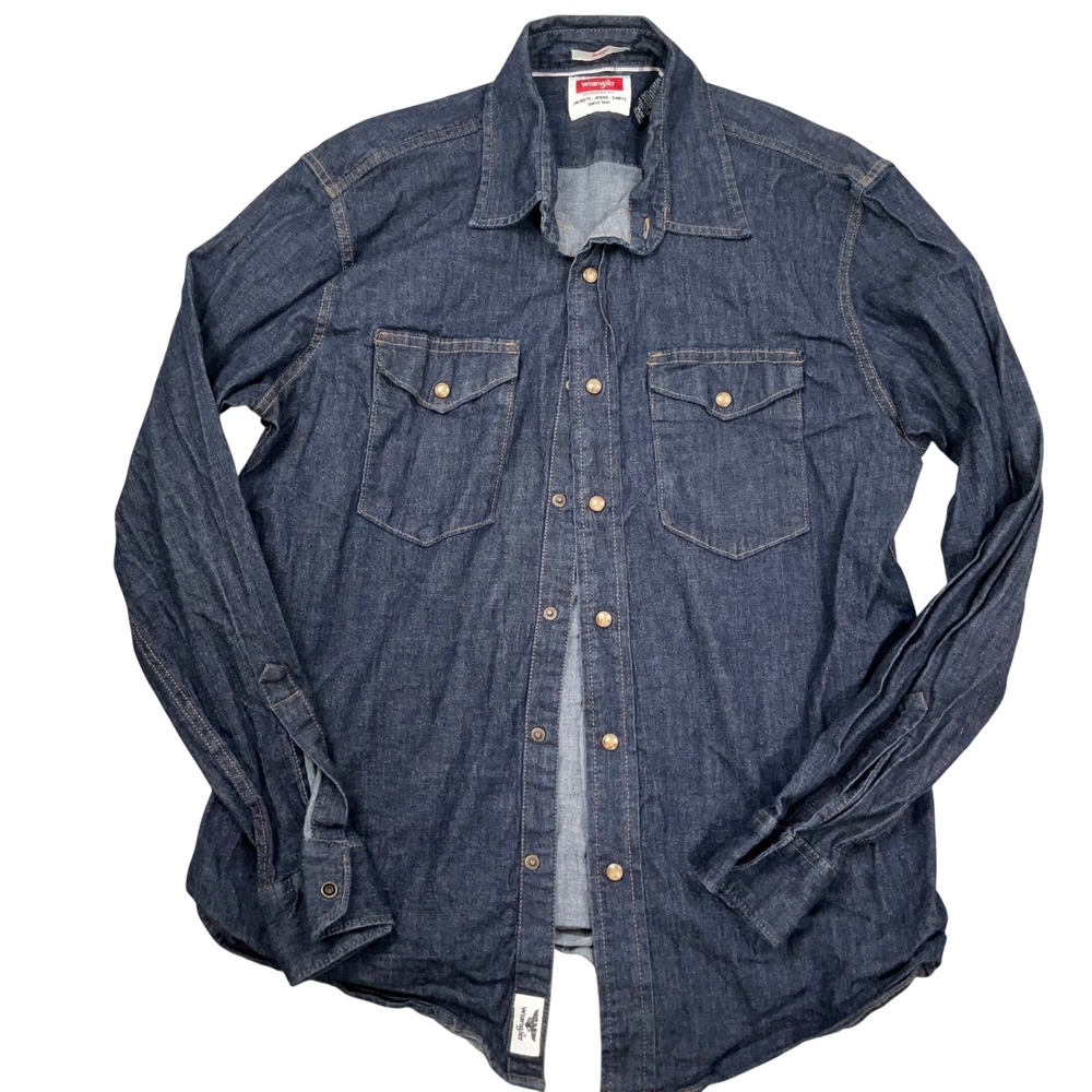 Wrangler Denim Shirt Mens Medium Indigo‎ Western Pearl Snap Rockabilly Stretch